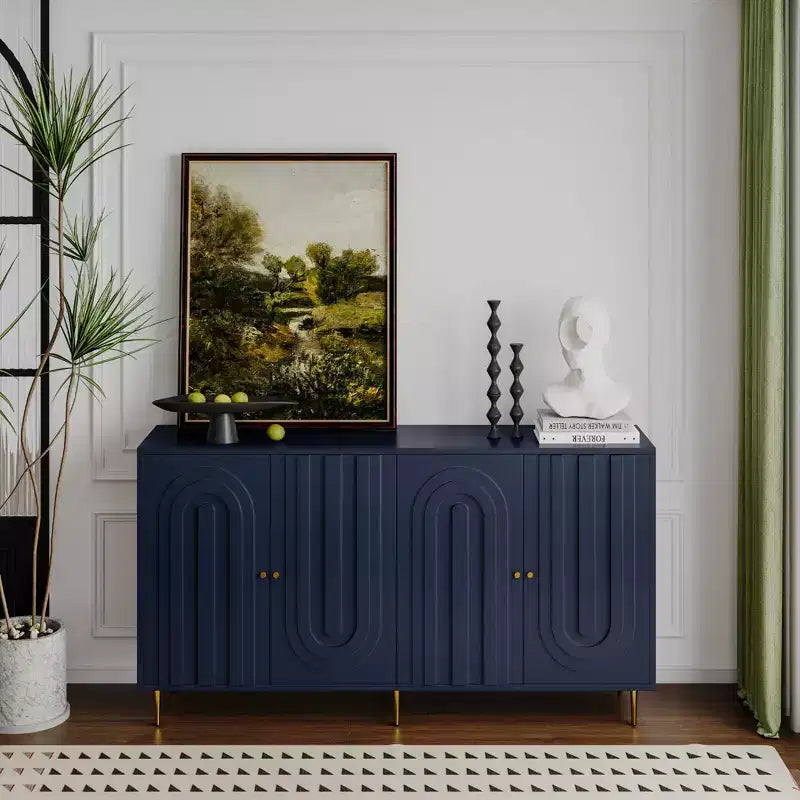 Credenza con 4 ante, gambe in metallo e ripiani regolabili, nero/blu/grigio, per adulti