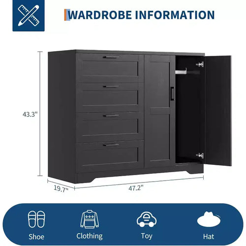 Comò portaoggetti nero da 43,3 pollici con 4 cassetti e asta appendiabiti, organizer multifunzionale per camera da letto, facile montaggio