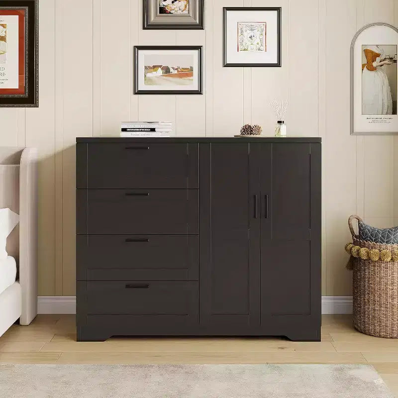 Comò portaoggetti nero da 43,3 pollici con 4 cassetti e asta appendiabiti, organizer multifunzionale per camera da letto, facile montaggio