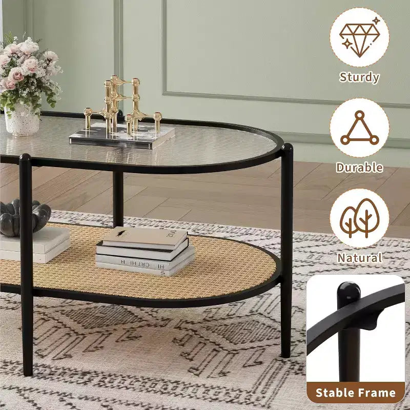 Tavolino ovale a 2 livelli con ripiano in vetro, mensola in rattan e struttura in metallo, nero/bianco