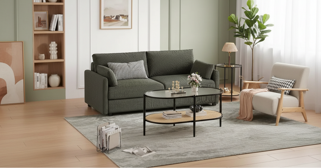 Tavolino ovale a 2 livelli con ripiano in vetro, mensola in rattan e struttura in metallo, nero/bianco