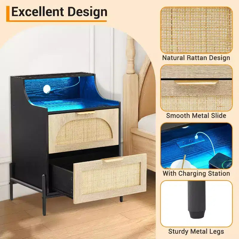 Comodino nero in rattan con illuminazione RGB, prese e USB, 2 cassetti