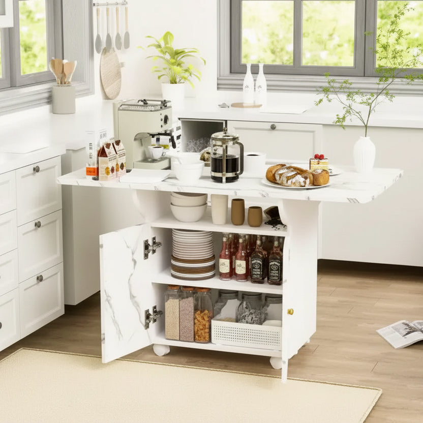 Tavolo da pranzo pieghevole bianco con ruote e contenitore, per 6 persone