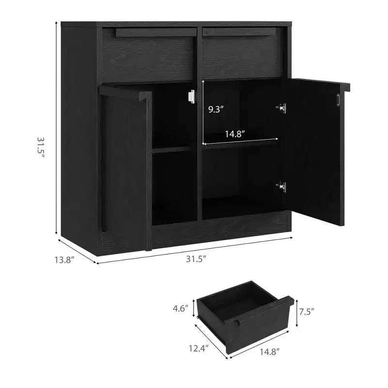 Credenza a buffet con venature del legno marrone, 4 cassetti e 2 ante, larga 158,5 cm, per 1 stanza