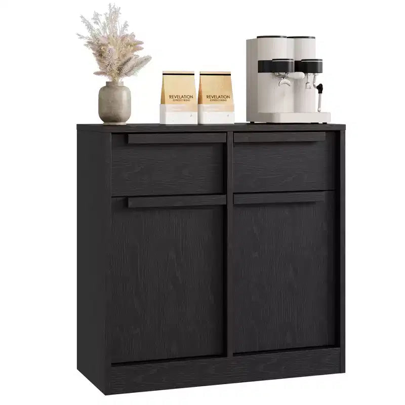Credenza a buffet con venature del legno marrone, 4 cassetti e 2 ante, larga 158,5 cm, per 1 stanza
