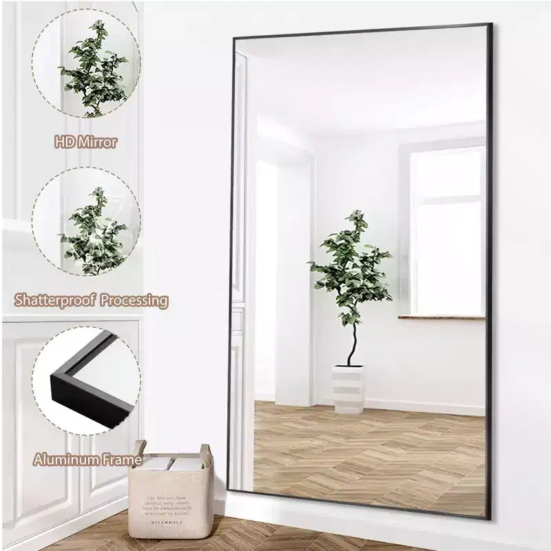 Specchio da terra a figura intera con cornice in metallo nero, 71x32 pollici, 1 persona