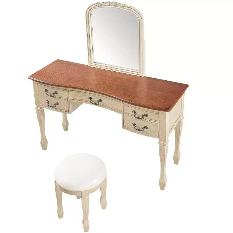 Toeletta vintage marrone e bianco antico con specchio e sgabello, 2 pezzi, 1 persona