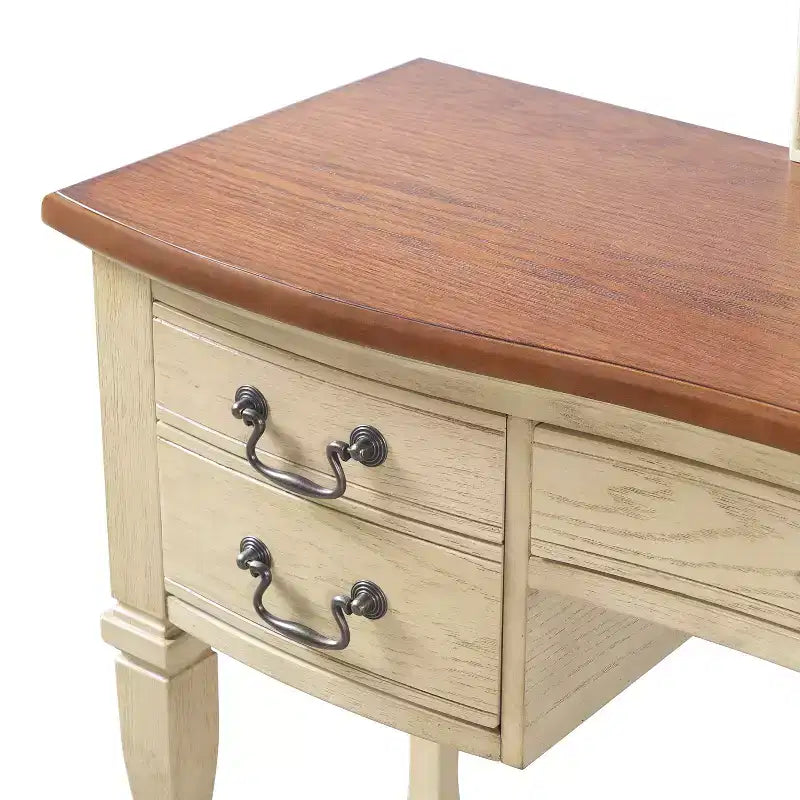 Toeletta vintage marrone e bianco antico con specchio e sgabello, 2 pezzi, 1 persona