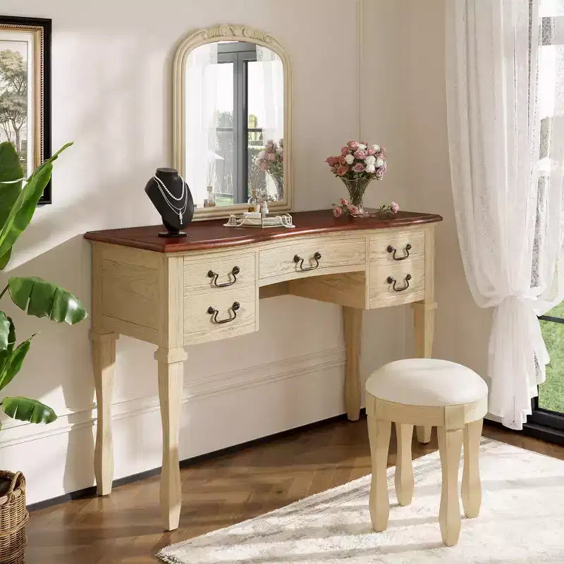 Toeletta vintage marrone e bianco antico con specchio e sgabello, 2 pezzi, 1 persona