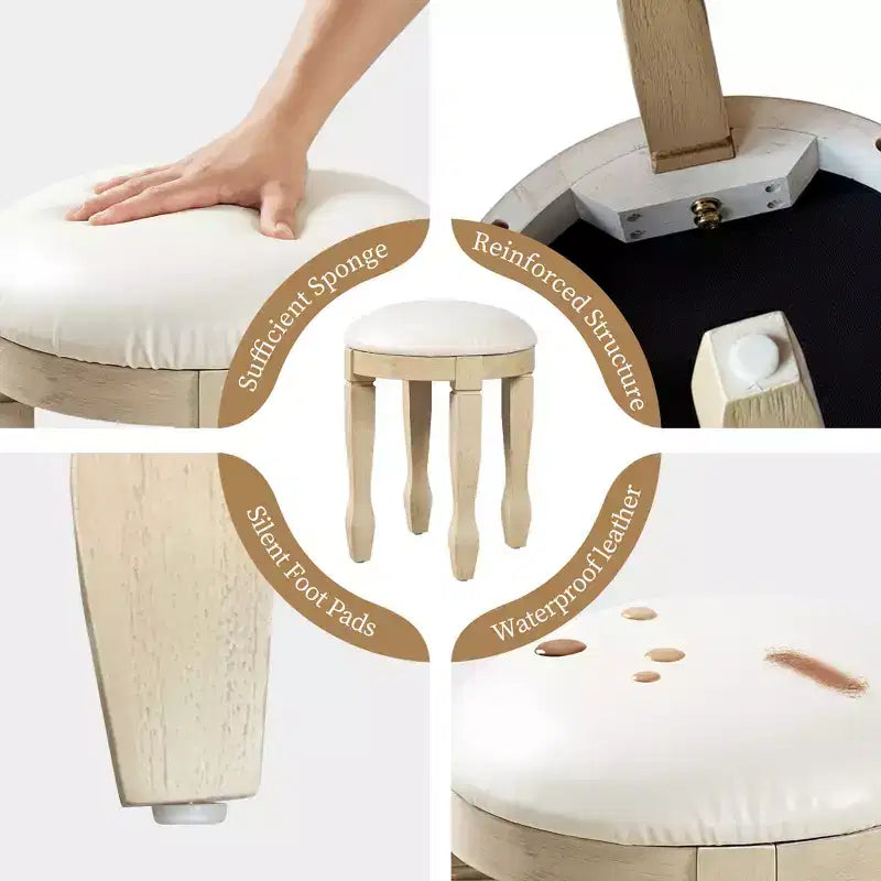 Toeletta vintage marrone e bianco antico con specchio e sgabello, 2 pezzi, 1 persona