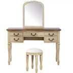 Toeletta vintage marrone e bianco antico con specchio e sgabello, 2 pezzi, 1 persona