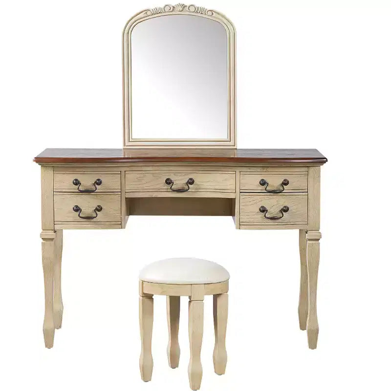 Toeletta vintage marrone e bianco antico con specchio e sgabello, 2 pezzi, 1 persona