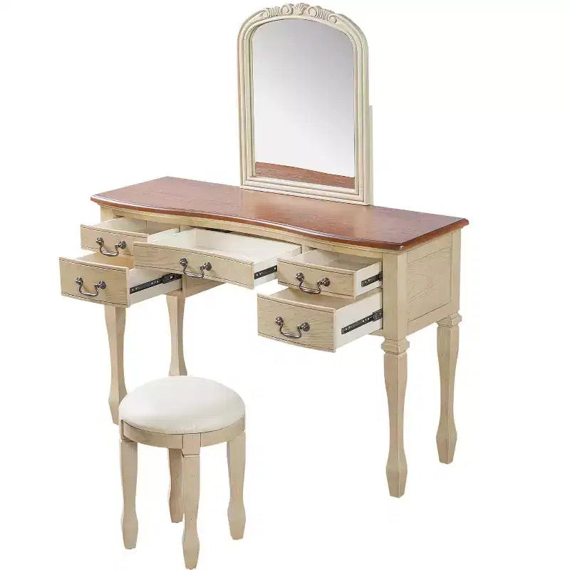 Toeletta vintage marrone e bianco antico con specchio e sgabello, 2 pezzi, 1 persona