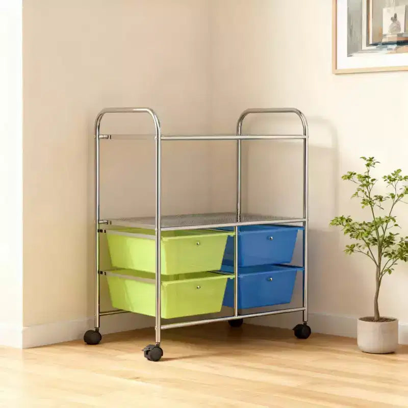 Carrello Portaoggetti a 4 Cassetti con 2 Ripiani, Rosa acceso/Multicolore