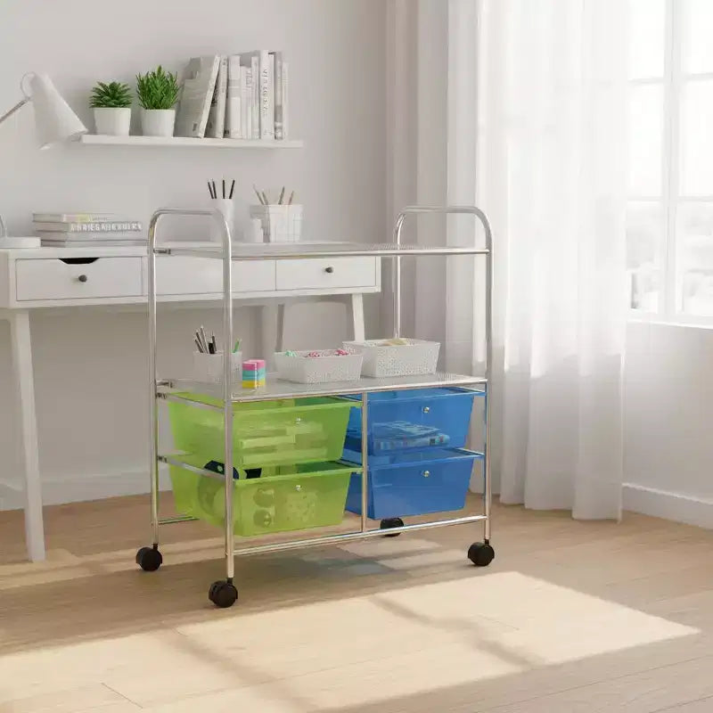 Carrello Portaoggetti a 4 Cassetti con 2 Ripiani, Rosa acceso/Multicolore