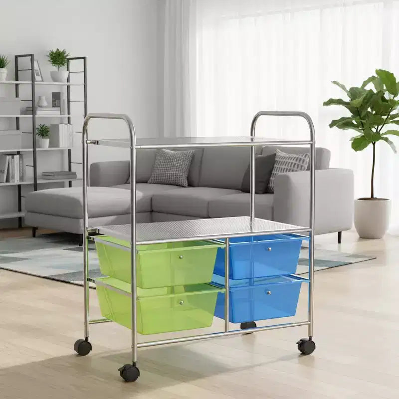 Carrello Portaoggetti a 4 Cassetti con 2 Ripiani, Rosa acceso/Multicolore