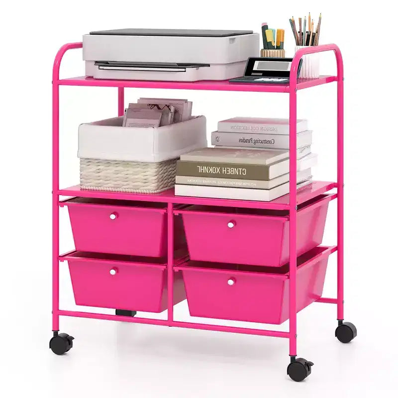 Gymax Mobile Storage Cart with 4 Drawers Scrapbook Paper Holder Office and School Organizer Shelf Multicolored/Hot Pink