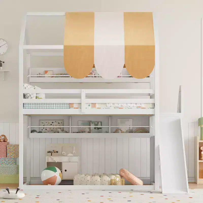 Letto a soppalco a grandezza naturale per bambini con tettoia, scivolo e librerie, verde chiaro/bianco, 1 bambino
