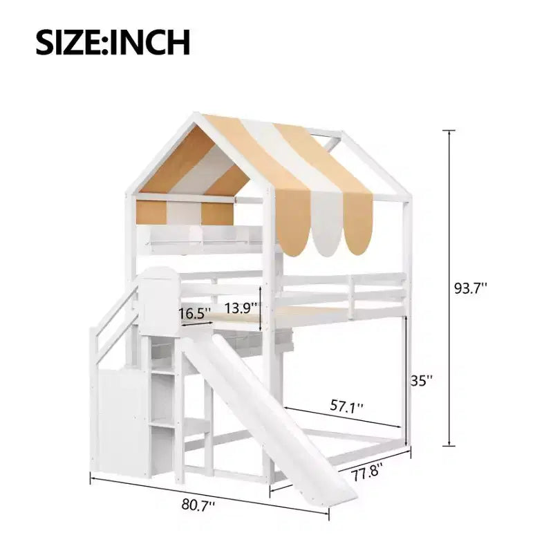 Letto a soppalco a grandezza naturale per bambini con tettoia, scivolo e librerie, verde chiaro/bianco, 1 bambino