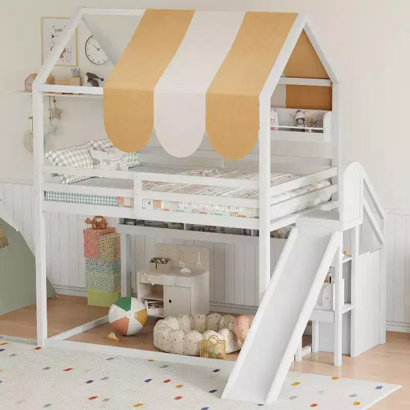 Letto a soppalco a grandezza naturale per bambini con tettoia, scivolo e librerie, verde chiaro/bianco, 1 bambino