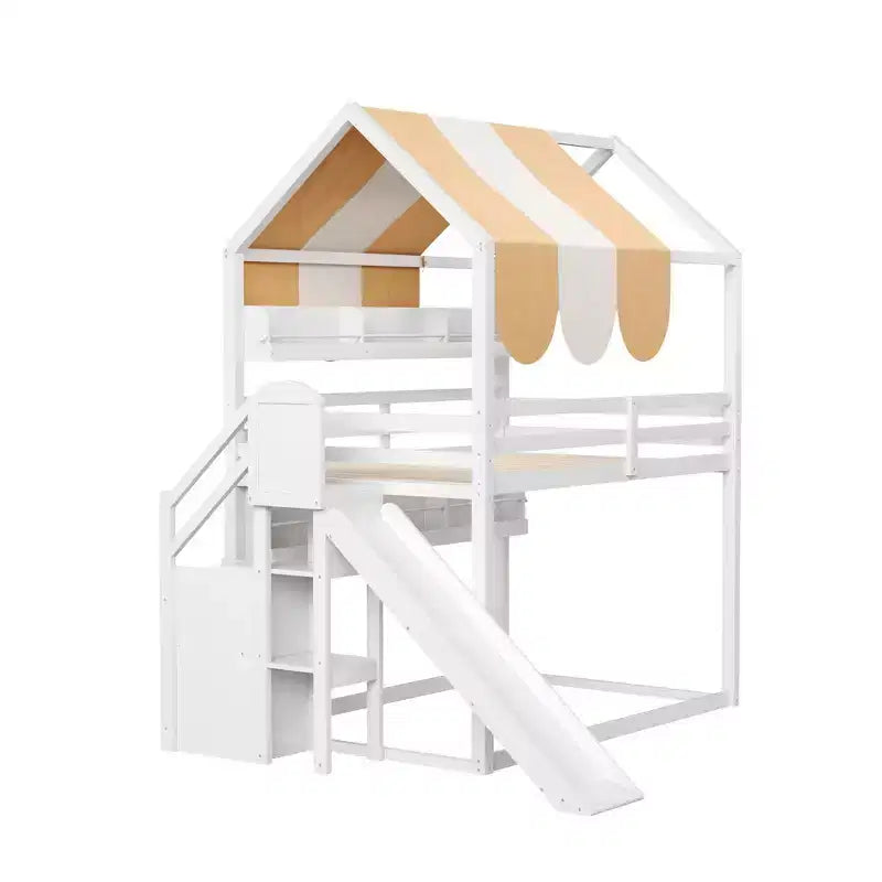 Letto a soppalco a grandezza naturale per bambini con tettoia, scivolo e librerie, verde chiaro/bianco, 1 bambino