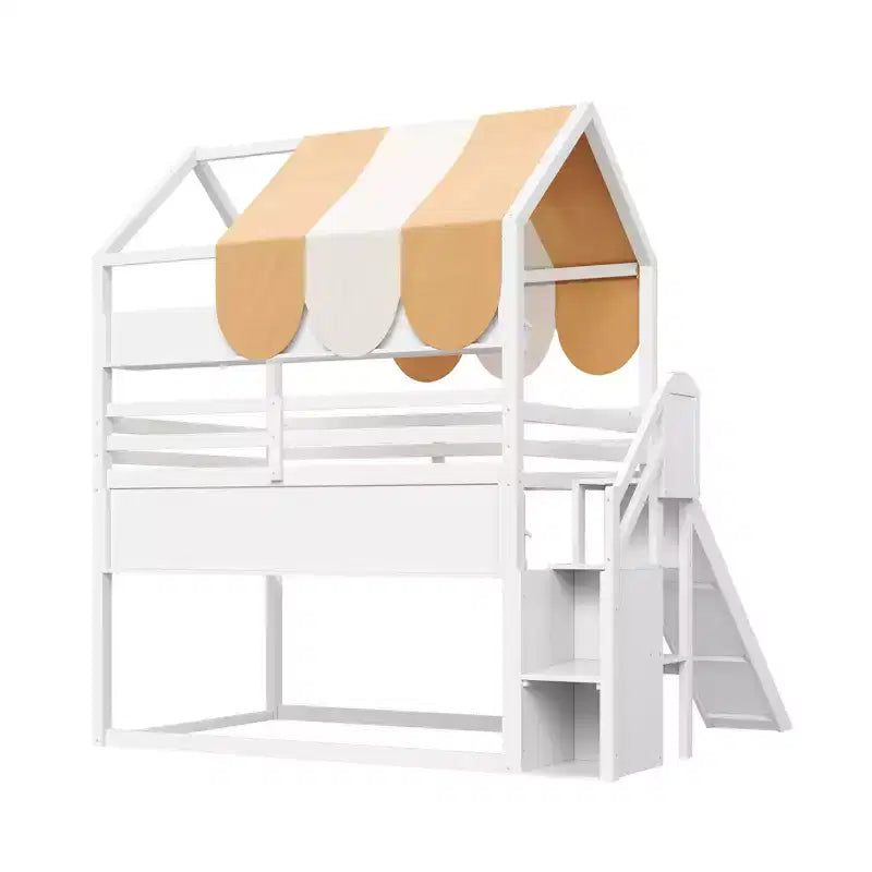 Letto a soppalco a grandezza naturale per bambini con tettoia, scivolo e librerie, verde chiaro/bianco, 1 bambino