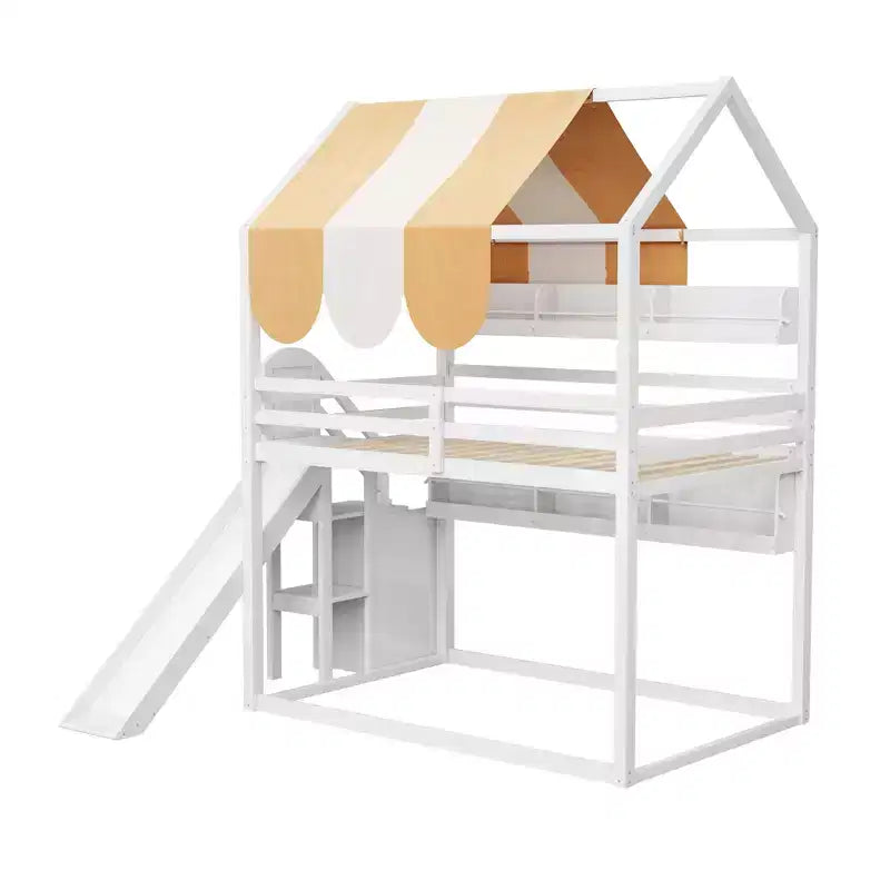 Letto a soppalco a grandezza naturale per bambini con tettoia, scivolo e librerie, verde chiaro/bianco, 1 bambino