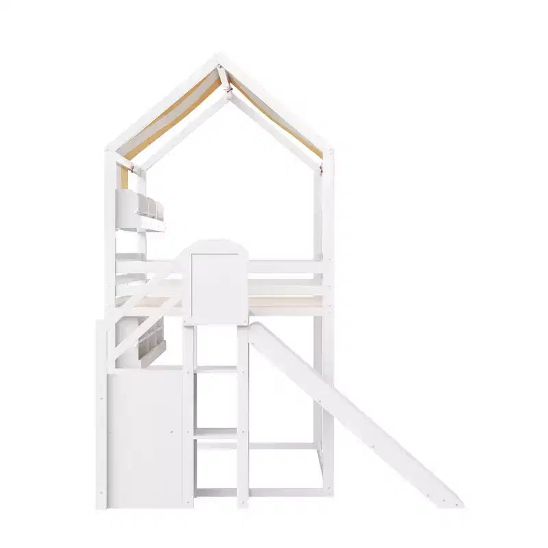 Letto a soppalco a grandezza naturale per bambini con tettoia, scivolo e librerie, verde chiaro/bianco, 1 bambino