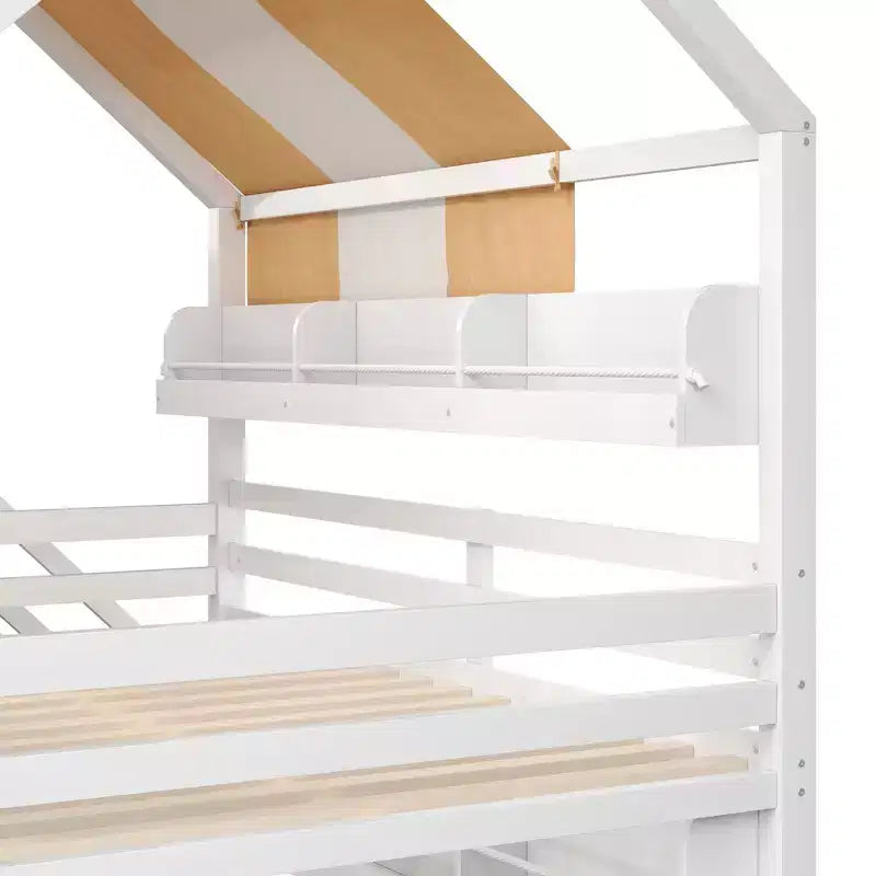 Letto a soppalco a grandezza naturale per bambini con tettoia, scivolo e librerie, verde chiaro/bianco, 1 bambino