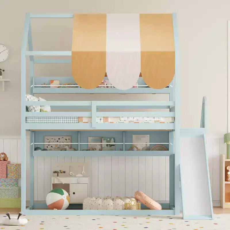 Letto a soppalco a grandezza naturale per bambini con tettoia, scivolo e librerie, verde chiaro/bianco, 1 bambino