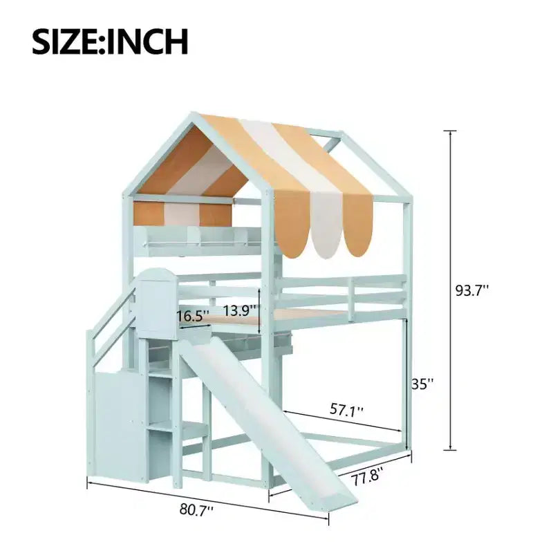Letto a soppalco a grandezza naturale per bambini con tettoia, scivolo e librerie, verde chiaro/bianco, 1 bambino