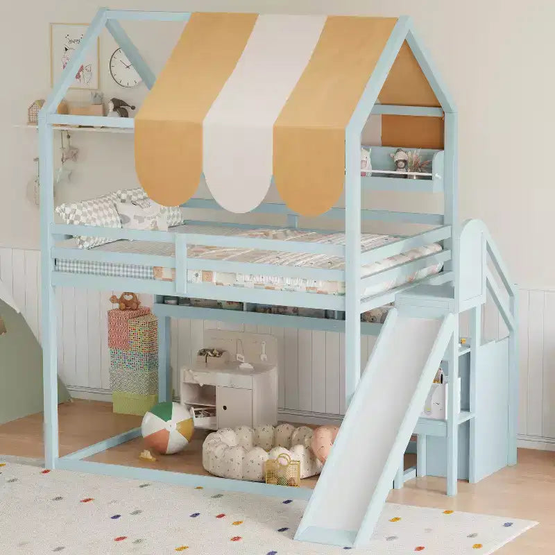 Letto a soppalco a grandezza naturale per bambini con tettoia, scivolo e librerie, verde chiaro/bianco, 1 bambino