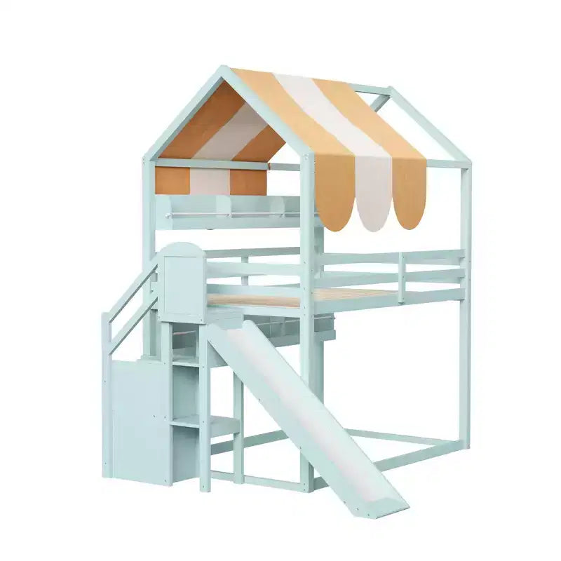 Letto a soppalco a grandezza naturale per bambini con tettoia, scivolo e librerie, verde chiaro/bianco, 1 bambino