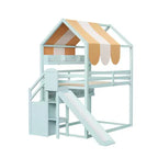 Letto a soppalco a grandezza naturale per bambini con tettoia, scivolo e librerie, verde chiaro/bianco, 1 bambino