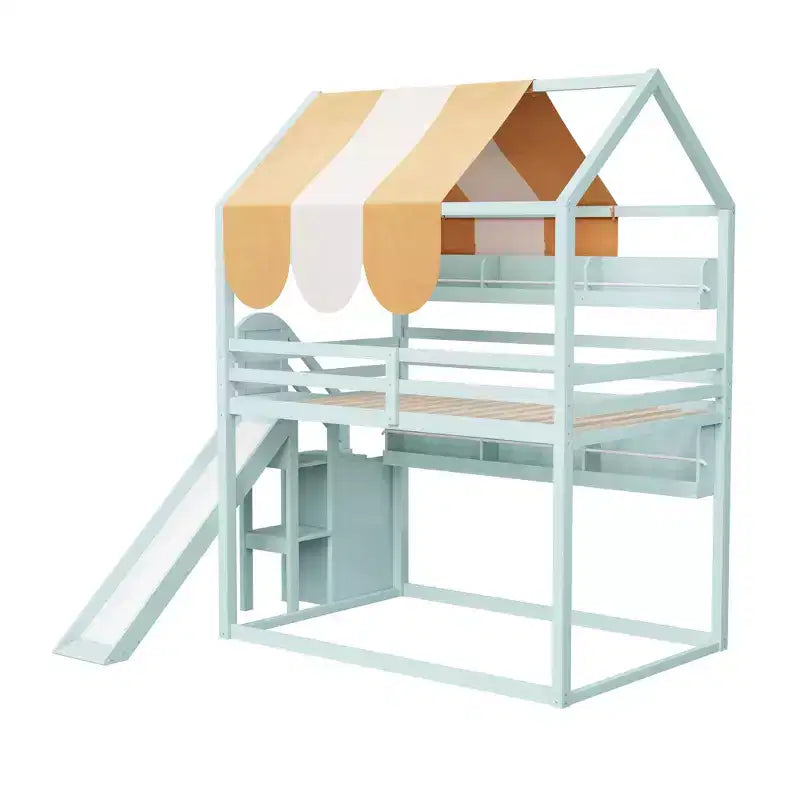 Letto a soppalco a grandezza naturale per bambini con tettoia, scivolo e librerie, verde chiaro/bianco, 1 bambino