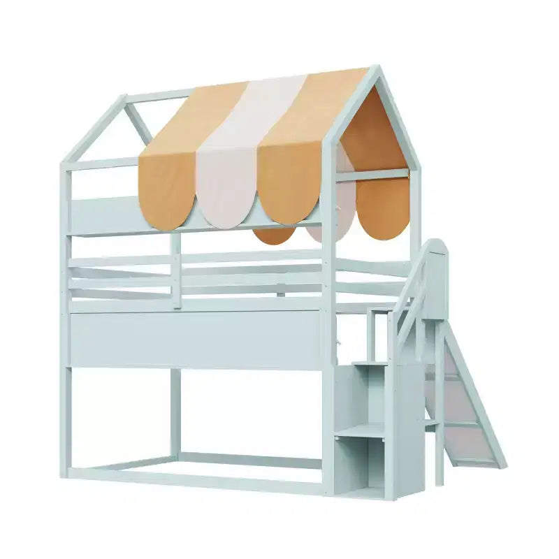 Letto a soppalco a grandezza naturale per bambini con tettoia, scivolo e librerie, verde chiaro/bianco, 1 bambino