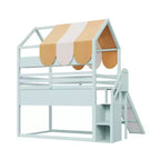 Letto a soppalco a grandezza naturale per bambini con tettoia, scivolo e librerie, verde chiaro/bianco, 1 bambino