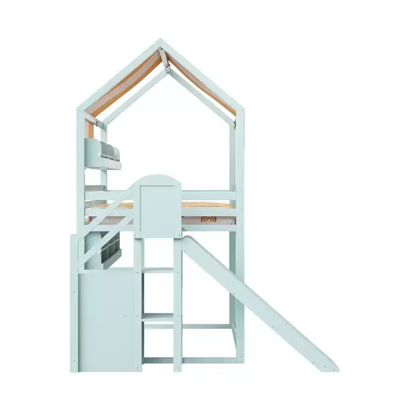 Letto a soppalco a grandezza naturale per bambini con tettoia, scivolo e librerie, verde chiaro/bianco, 1 bambino