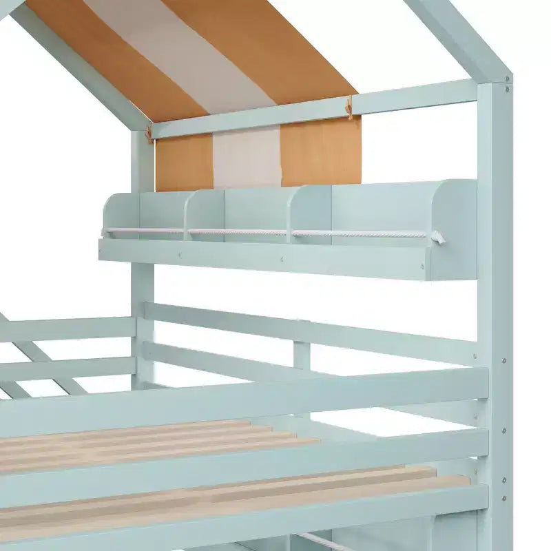 Letto a soppalco a grandezza naturale per bambini con tettoia, scivolo e librerie, verde chiaro/bianco, 1 bambino