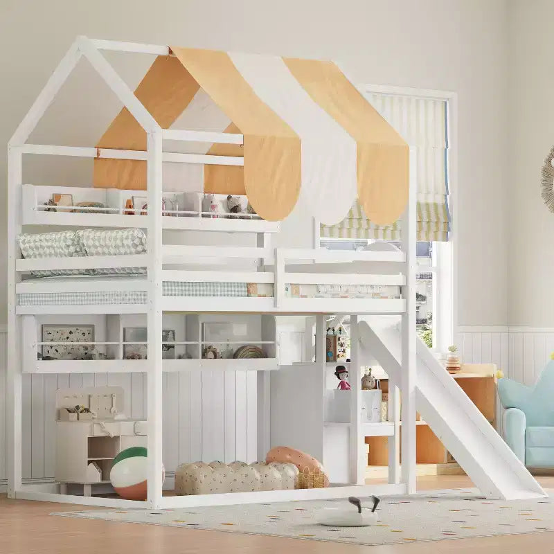 Letto a soppalco a grandezza naturale per bambini con tettoia, scivolo e librerie, verde chiaro/bianco, 1 bambino