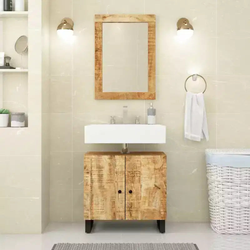 Mobile lavabo da bagno marrone in legno massello di mango con 2 scomparti