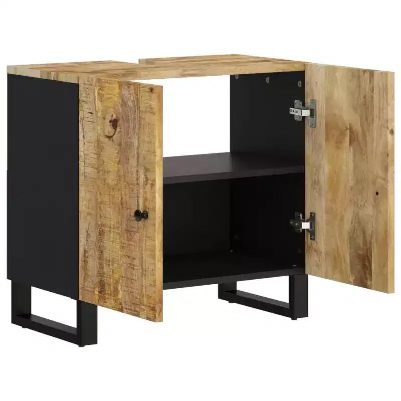 Mobile lavabo da bagno marrone in legno massello di mango con 2 scomparti