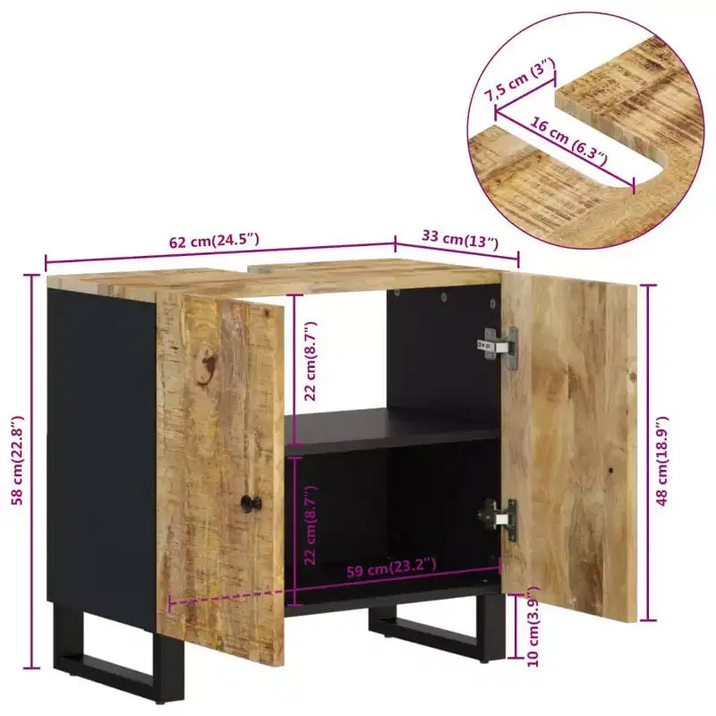 Mobile lavabo da bagno marrone in legno massello di mango con 2 scomparti