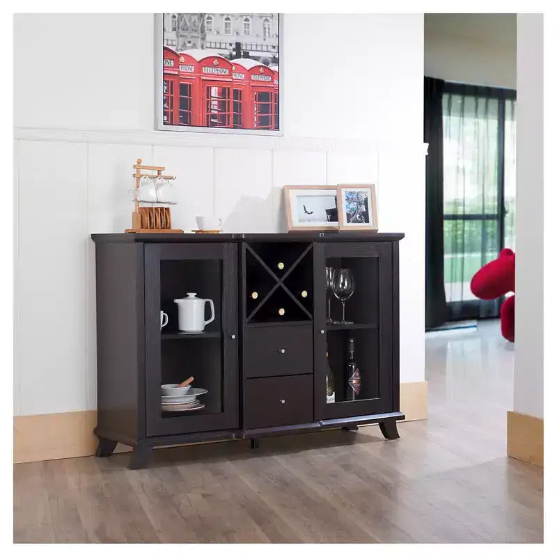 Credenza da pranzo in stile di transizione con portabottiglie e ante in vetro, Cappuccino