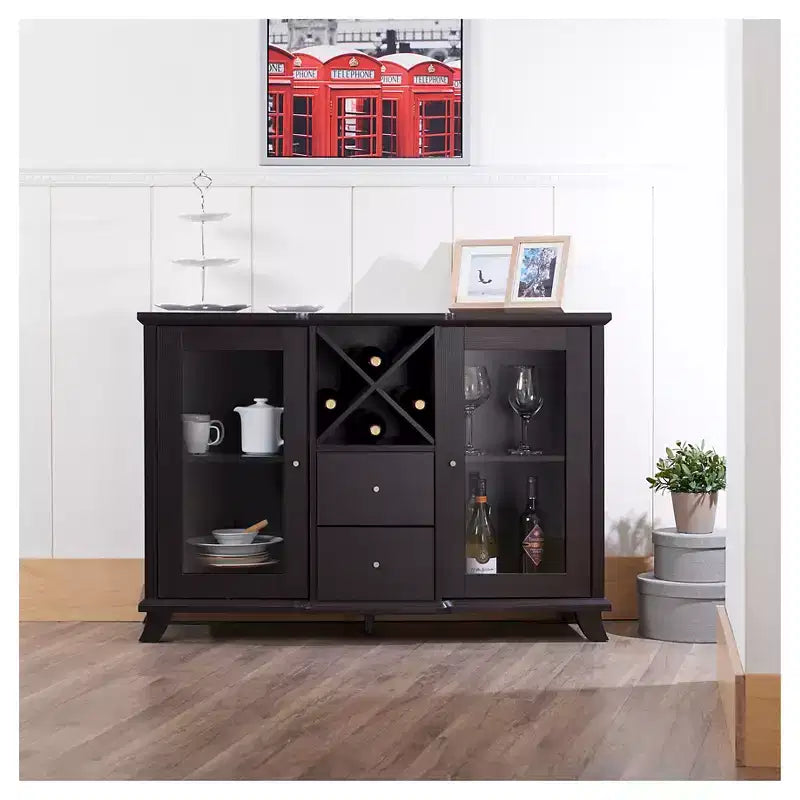 Credenza da pranzo in stile di transizione con portabottiglie e ante in vetro, Cappuccino