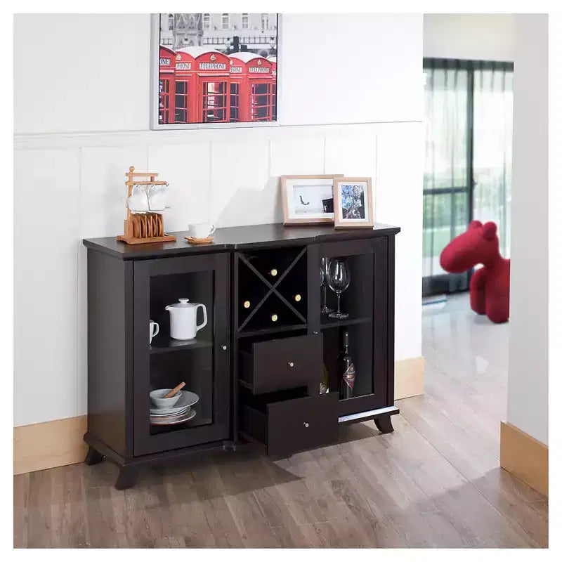 Credenza da pranzo in stile di transizione con portabottiglie e ante in vetro, Cappuccino