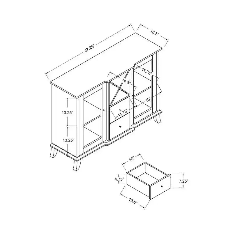 Credenza da pranzo in stile di transizione con portabottiglie e ante in vetro, Cappuccino