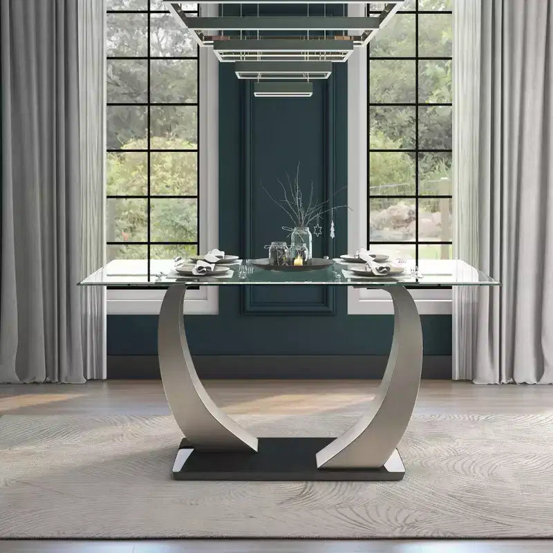 HOMES: Inside + Out Tavolo da pranzo Langton con piano in vetro Argento/Nero: Base moderna a piedistallo, 6 posti, Finitura satinata
