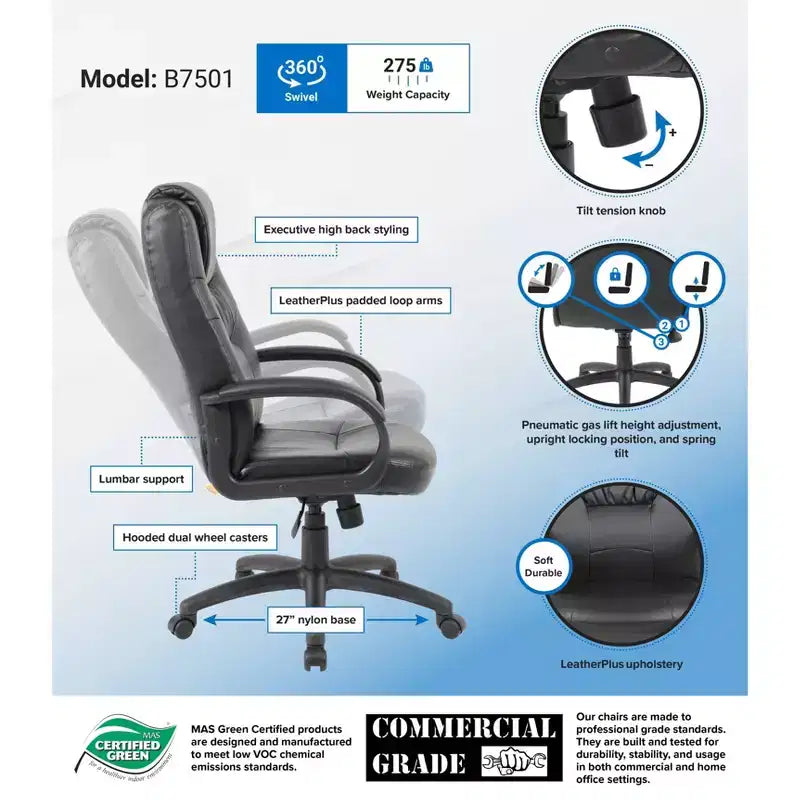 Sedia da ufficio direzionale alta in pelle Plus nera - Boss Office Products: ergonomica, girevole, regolabile in altezza, con struttura in metallo
