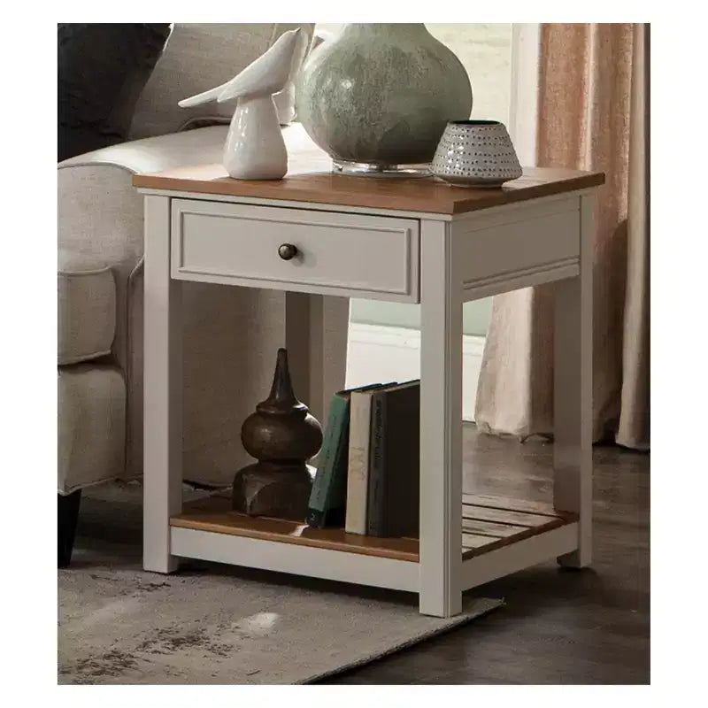 Tavolino Comodino Quadrato Bianco con 1 Cassetto e Piano in Legno Naturale